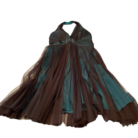 Badgley Mischka Halter Beaded Embroidery Pleated Tulle Silk Formal Dress-Size 10 - Picture 11 of 16